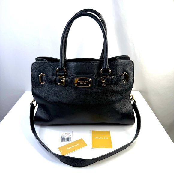 Michael Kors Black Hamilton Pebbled Leather Tote Shoulder Hand Bag - Picture 1 of 15